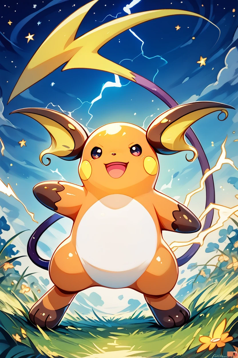 score_9, score_8_up, score_8,  ,,, , ,,, zzRaichu, raichu (pokemon), looking at viewer, smile, open mouth, standing, full body, :d, outdoors, black eyes, grass, electricity,  ,<lora:RaichuPokedexPDXL:1.0>,  ,,,, BREAK, ,,, upper body, smile, looking at viewer, ,,, shiny skin, <lora:ProAnime_PDXL_v1:0.8>, night, soft shadows, moonlight reflecting off skin, whisper of wind, ,,, embedding:zPDXL, Expressiveh, <lora:SDXLFaeTastic2400:0.5>, <lora:Expressive_H-000001:0.4>,