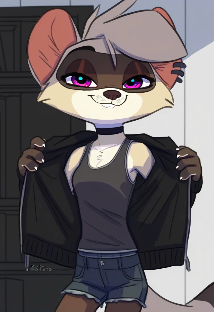 score_9_up, score_8_up, score_7_up, indoors, anthro, furry, source_furry, by siroc, brookeSiroc, ferret, purple eyes, ear piercing, short hair, two-tone fur, tan fur, 1girl, solo, hoodie, open hoodie, ear piercing, choker, tank top, shorts, smile, furry, dressing room