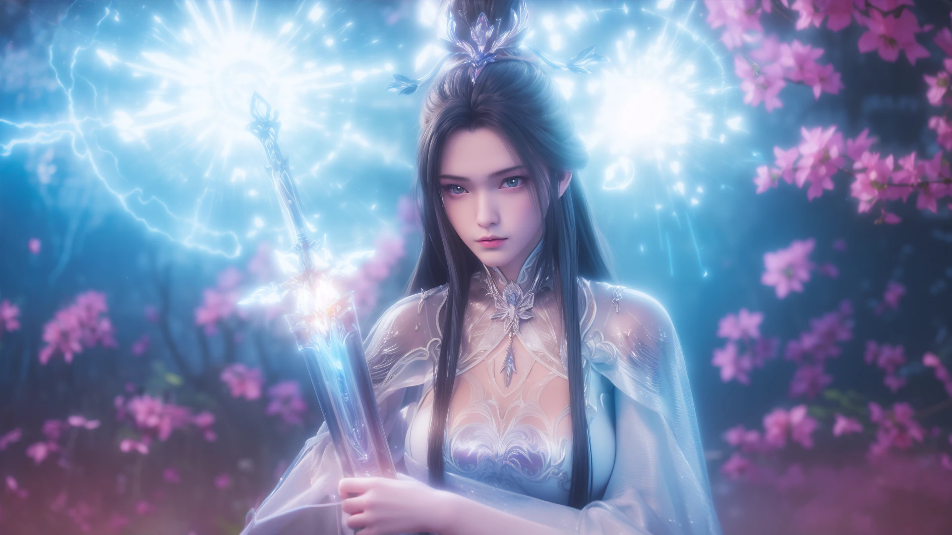 1girl,solo,l long hair,l hair bun,l hair ornament,l hanfu,closed mouth,(gigantic breasts),holding sword sheath,looking at viewer,outdoors,((magic,electricity)),((glowing)),day,sky,((sunlight)),((cherry blossoms)),romantic,fantasy style,depth of field,Highly detailed,(ultra-detailed),(best quality:1.5,masterpiece:1.5),(SFW:1.5),<lora:luxueqi-000012:0.85>,<lora:ç»èè°æ´2.0:0>,