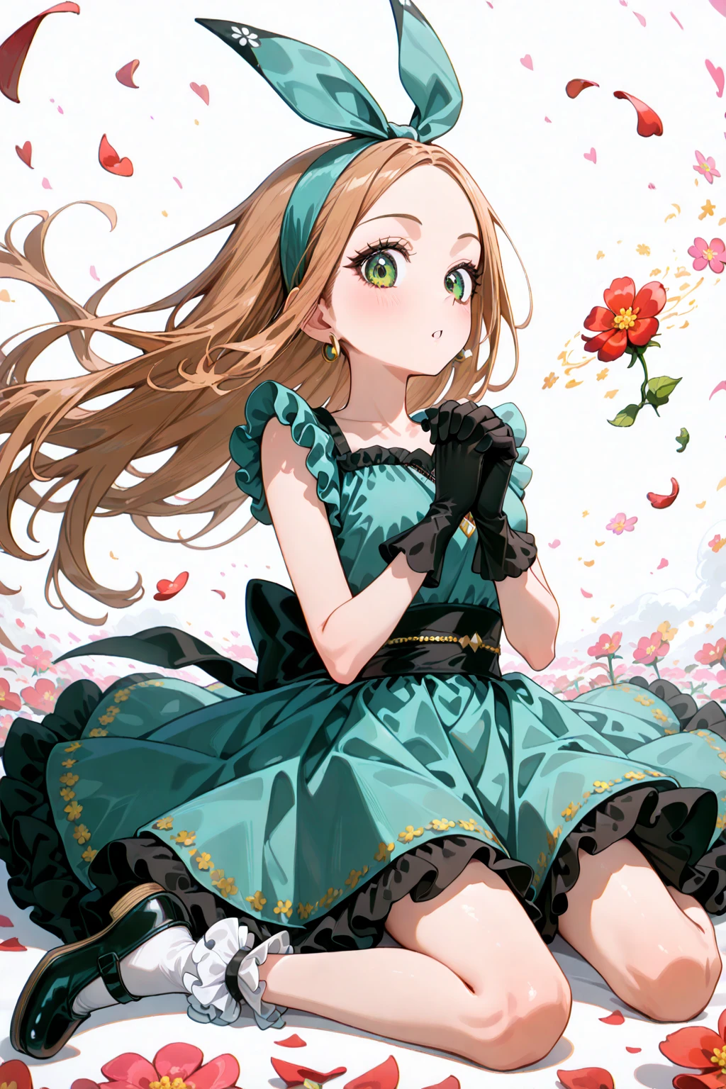 (masterpiece, best quality), extreme detail, 8k resolution, highly intricate design, amazing quality, very aesthetic, absurdres, amazing quality, newest, sugar_rune, mary janes, flower, sash, sitting, interlocked fingers, solo, green eyes, 1girl, heart, parted lips, floating hair, petals, frills, full body, wariza, frilled dress, sleeveless, earrings, leaning back, white background, frilled gloves, looking at viewer, frilled socks, kiss, simple background, flower (symbol), long hair, jewelry, own hands together, brown hair, bow hairband, wind lift, :o