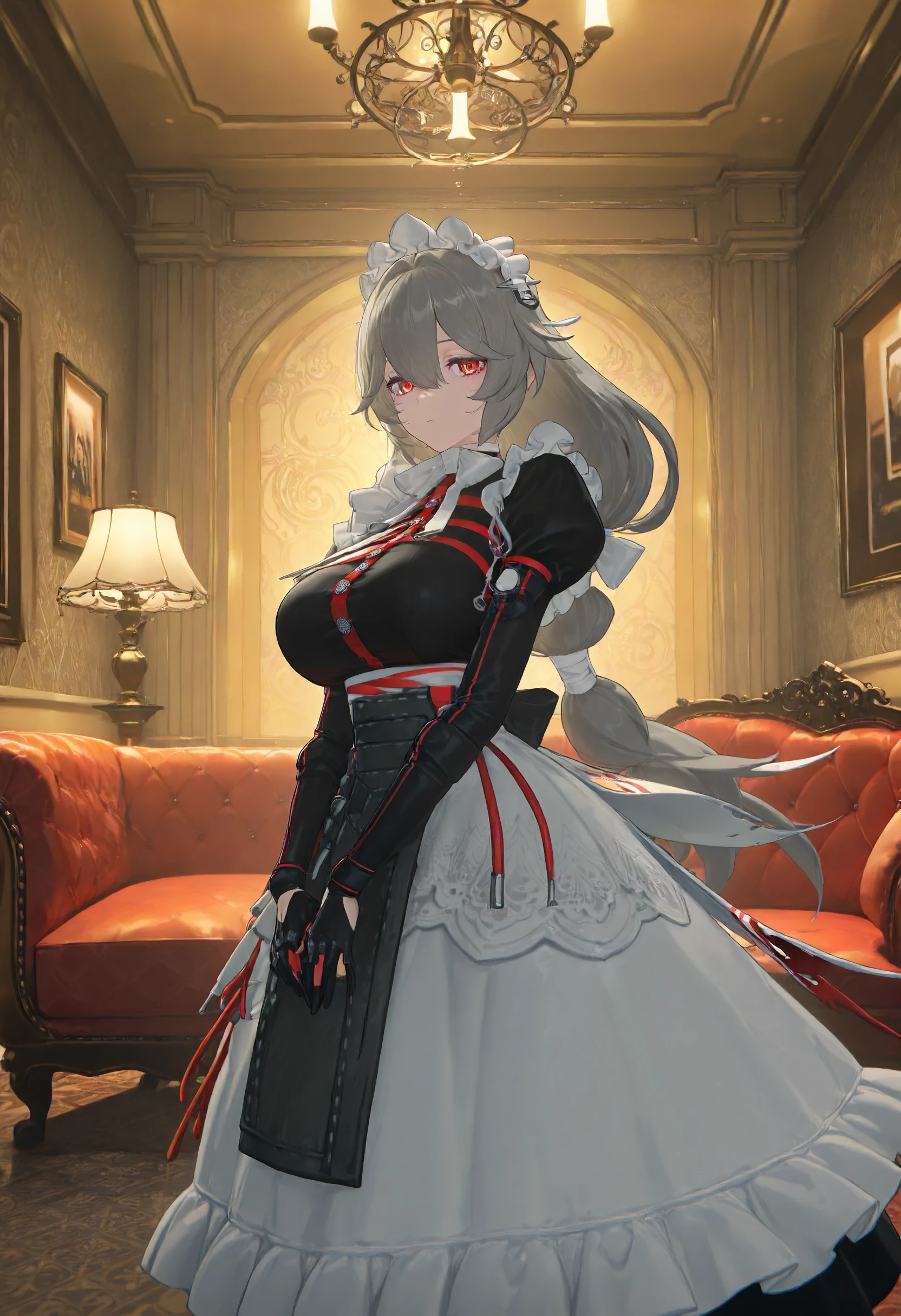 masterpiece, best quality, amazing quality, very aesthetic, absurdres, newest, scenery, volumetric lighting, perfect eyes, ultra detailed,
1girl, Alexandrina Sebastiane, solo, grey hair, long hair, multi-colored eyes, red eyes, hair ornaments, breasts,
maid outfit, open dress side, long sleeves, gloves,  
floating, looking at viewer,
mansion, luxury room, luxury sofa, marble wall, detailed background,
<lora:Rina_Alexandrina_Sebastiane_-_Zenless_Zone_Zero_ZZZ__Illustrious:1>
masterpiece, best quality, amazing quality, very aesthetic, absurdres, newest, scenery, volumetric lighting, perfect eyes, ultra detailed,