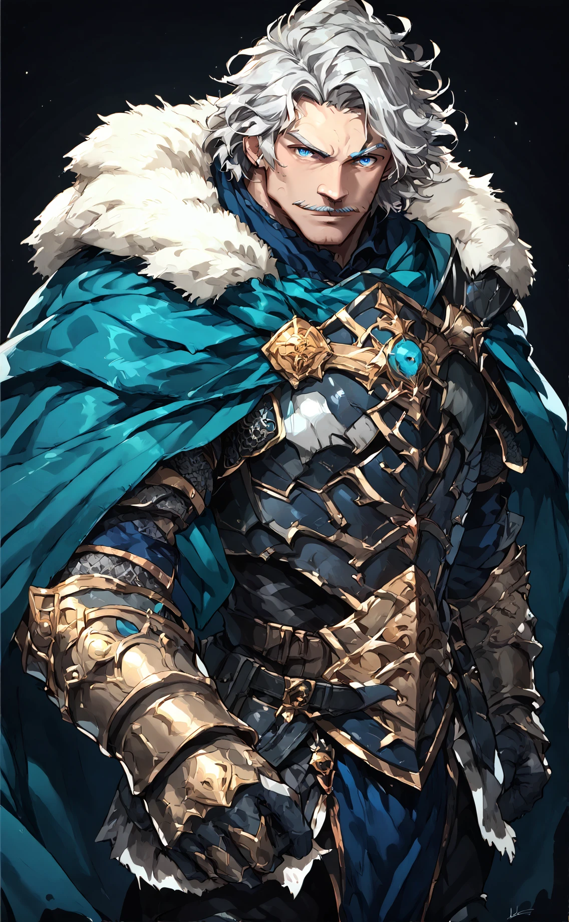 score_9_up, score_8_up, score_7_up, score_6_up, corvus, 1boy, solo, male focus, bara, scalemail armor, turquoise blue cloak with white fur mantle, ((mature)), steel and gold gauntlets, medium length grey hair, grey mustache, blue eyes, light skin, cloth and scale mail armor skirt, partial portrait, dark fantasy art, grimdark, best_quality, masterpiece, dark cold color scheme, valorant style, dvs, head down, <lora:sxz-valorant-smol-v2-pdxl:0.2> <lora:Concept Art DarkSide Style LoRA_Pony XL v6:0.55> <lora:Corvus_-_Epic_Seven-000004:0.85>