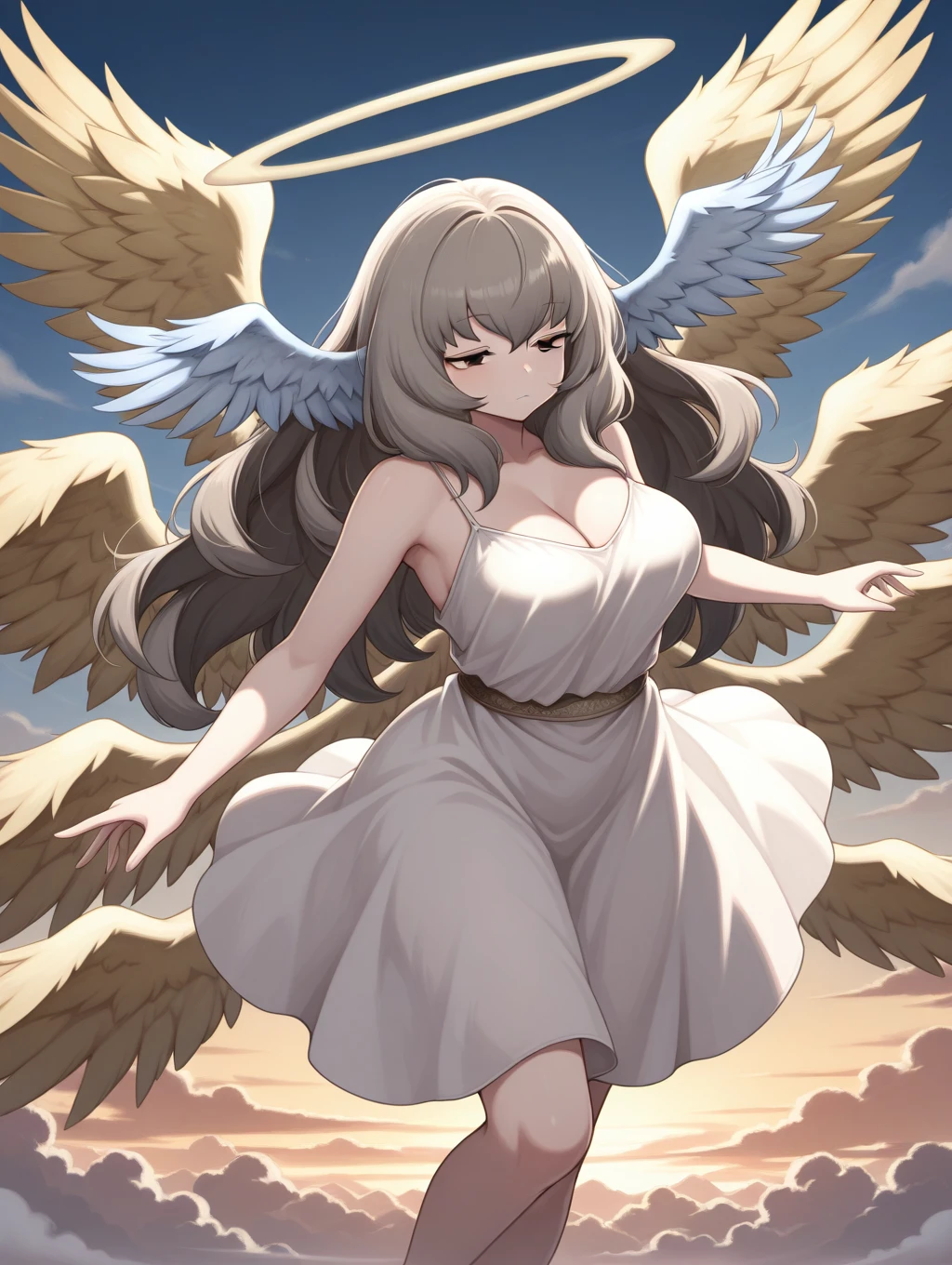 1girl, solo, Eden, brown hair, grey hair, long hair, head wings, blue eyes, wings, angel wings, feathered wings, angel, multiple wings, halo, cleavage, dress, expressionless, 

heaven, flying, clouds, dynamic pose,

masterpiece, best quality,amazing quality, very aesthetic, absurdres, depth of field, blurry background, dark, extremely detailed face, detailed eyes, dark colors