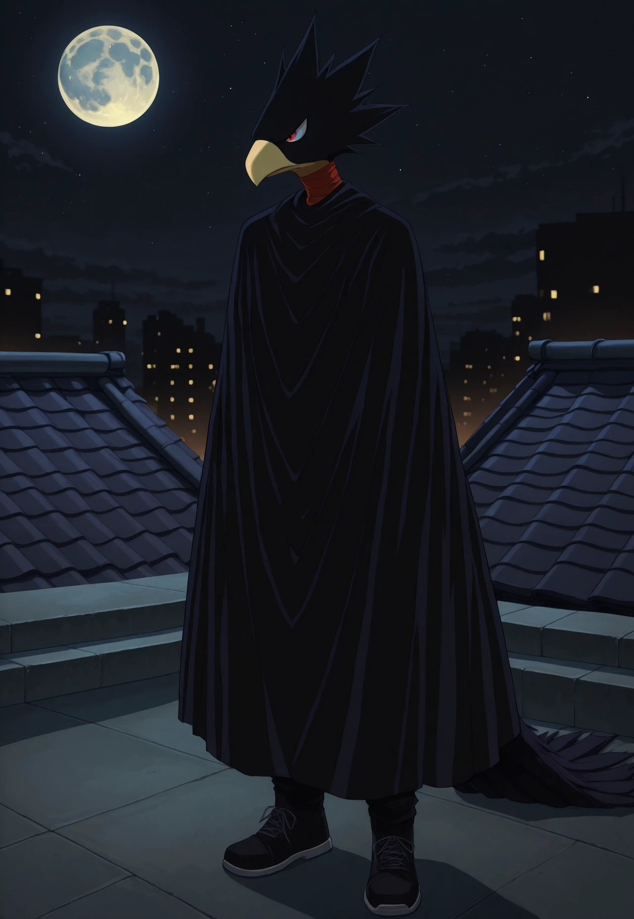 masterpiece, best quality, realistic, fumikagetokoyami, solo, full body, 1boy, animal head, black head, bird boy, red eyes, beak, red neckwear, black cloak, black pants, black footwear, BREAK, full moon, rooftop