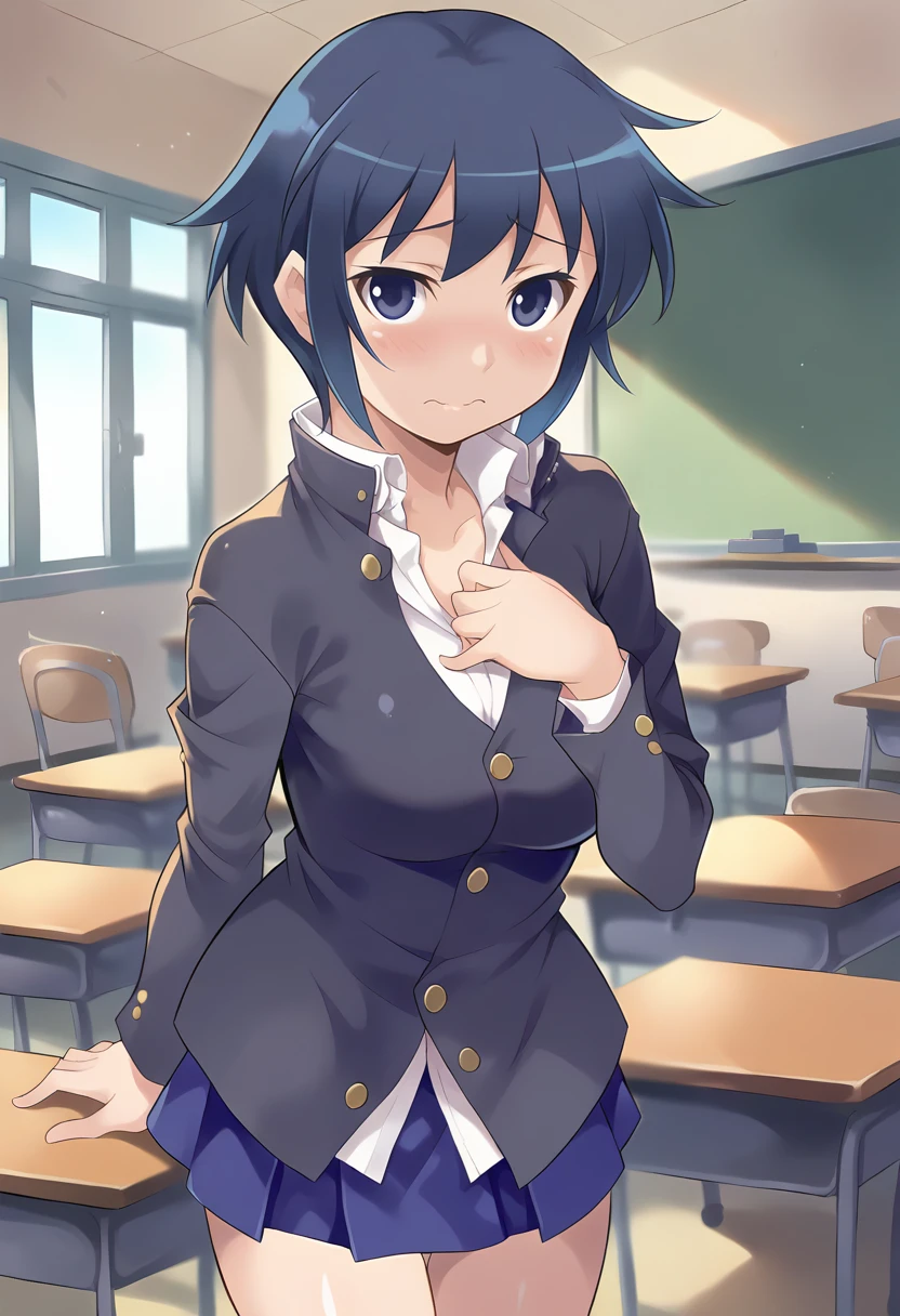 score_9, score_8_up, score_7_up, masterpiece, source_anime, 1girl, ct yu, short hair, blue hair, blue eyes, jacket, long sleeves, white collared shirt, blue short skirt, shiny skin, looking at viewer, indoors, chalkboard, school, blush, cowboy shot, embarrassed, school desk, hand on chest, leaning forward,<lora:Yu_Pony_ct-000006:0.9>