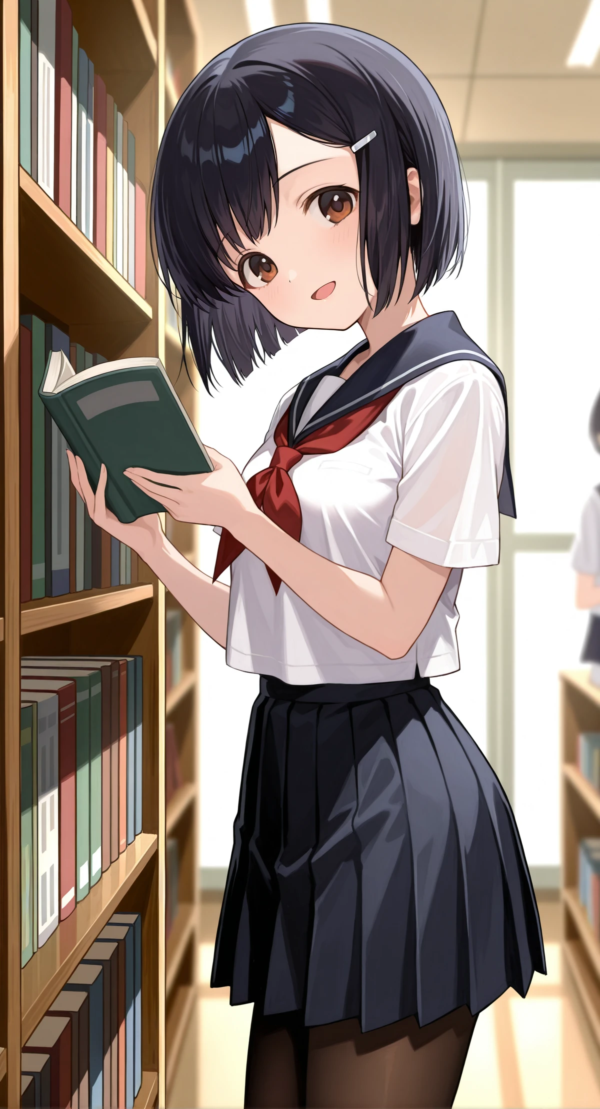 (cute face,beautiful face,detailed face,perfect face),(ultra detailed,highly detailed,best quality,masterpiece),aged down,
1girl,solo,medium breasts,open mouth,looking at viewer,facing_viewer,light smile,
tomoe,black hair,brown eyes,hairclip,school uniform,serafuku,white shirt,neckerchief,short sleeves,pleated skirt,miniskirt,pantyhose,loafers,
<lora:natsumushi-tomoe-illu:0.9>,
head tilt,standing,front_view,reading,holding book,library,against bookshelf,cowboy shot,from side,