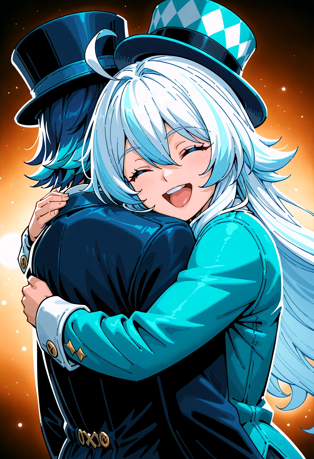 1girl, ahoge, blue hair, blue hat, blue jacket, closed eyes, hair between eyes, hat, hug, jacket, light blue hair, long hair, long sleeves, multicolored hair, open mouth, smile, solo, streaked hair, teeth, tongue, top hat, upper teeth only, white hair, best quality, very aesthetic, absurdres, B4CH3L0 , cinematic lighting, cinematic angle, comic art style, extremely detailed, illustrated , <lora:B4CH3L0_Style_Illustrious__Pony:0.8>