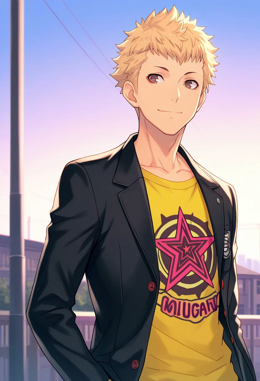 masterpiece, best quality, 
ryuji, 1boy, male focus solo, brown eyes, blonde hair, short hair, school uniform, shirt, yellow shirt, print shirt, jacket, black jacket, long sleeves, open jacket, open clothes, smile outdoor, sky,