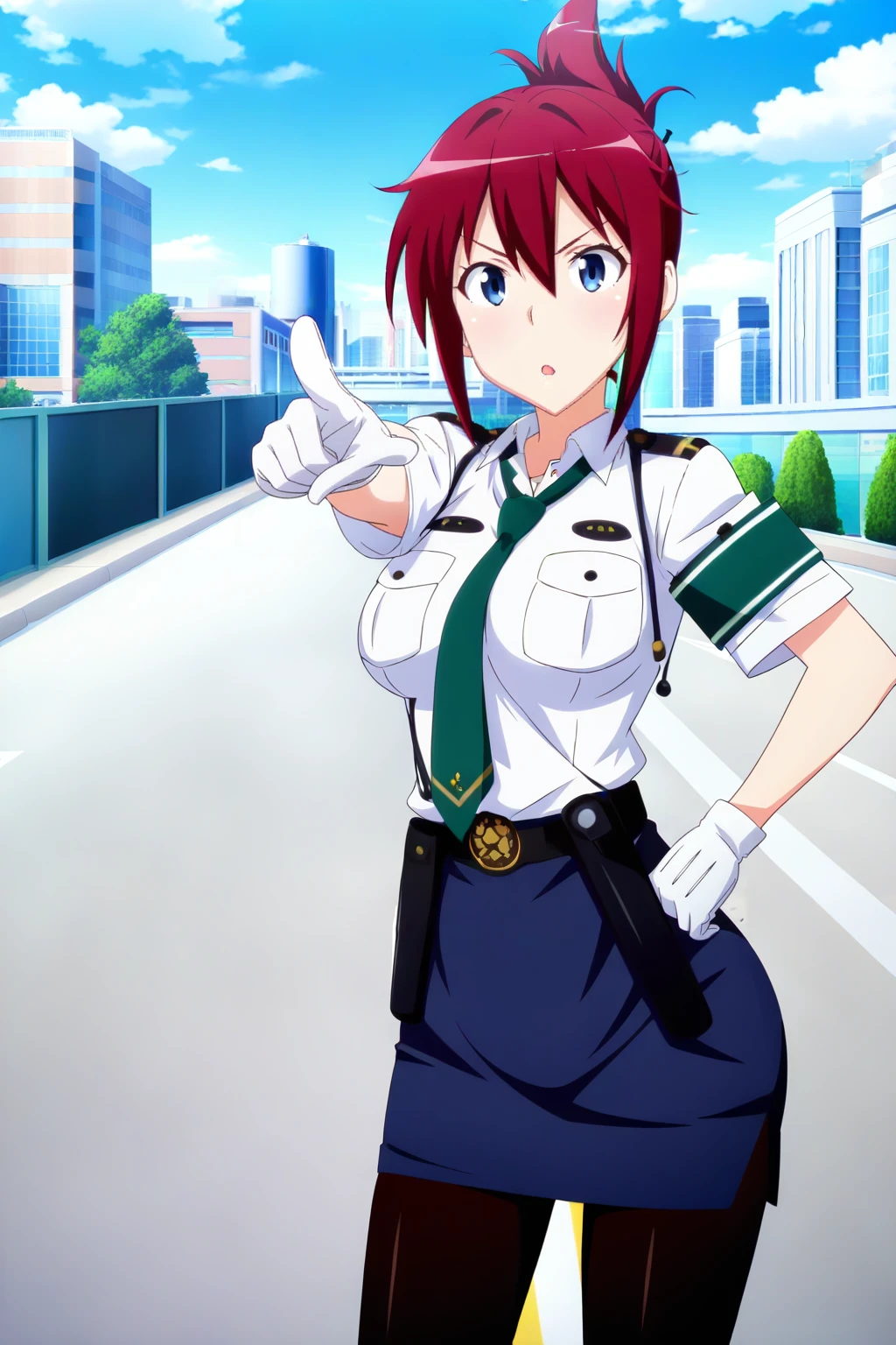 anime screenshot, rail wars!, sakurai aoi, 1girl, solo, red hair, folded ponytail, blue eyes, medium breasts, police uniform, white shirt, collared shirt, short sleeves, green necktie, armband, green armband, blue skirt, pencil skirt, black belt, white gloves, holster, black pantyhose, looking at viewer, parted lips, open mouth, hand on own hip, pointing at viewer, cowboy shot, outdoors, city, road, blue sky, day, masterpiece, best quality, high quality, highres, absurdres, <lora:sakurai_aoi_ILXL:0.9>