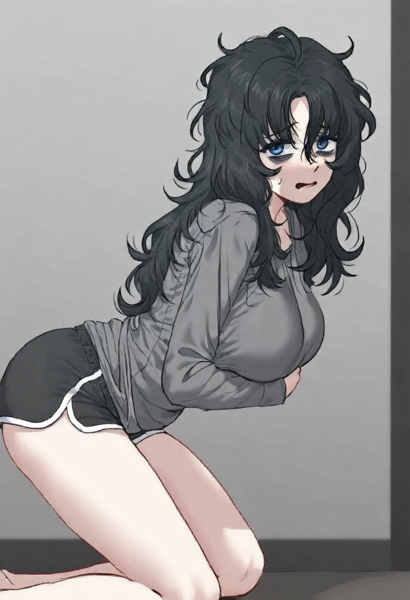 gye baeksun, looking at the viewer, long hair, gray shirt, dolphin shorts, short shorts, black hair, messy hair, breasts, large breasts, blue eyes, bags under eyes, nervous, from side, <lora:Character_Gye Baeksun - Authentic:1>