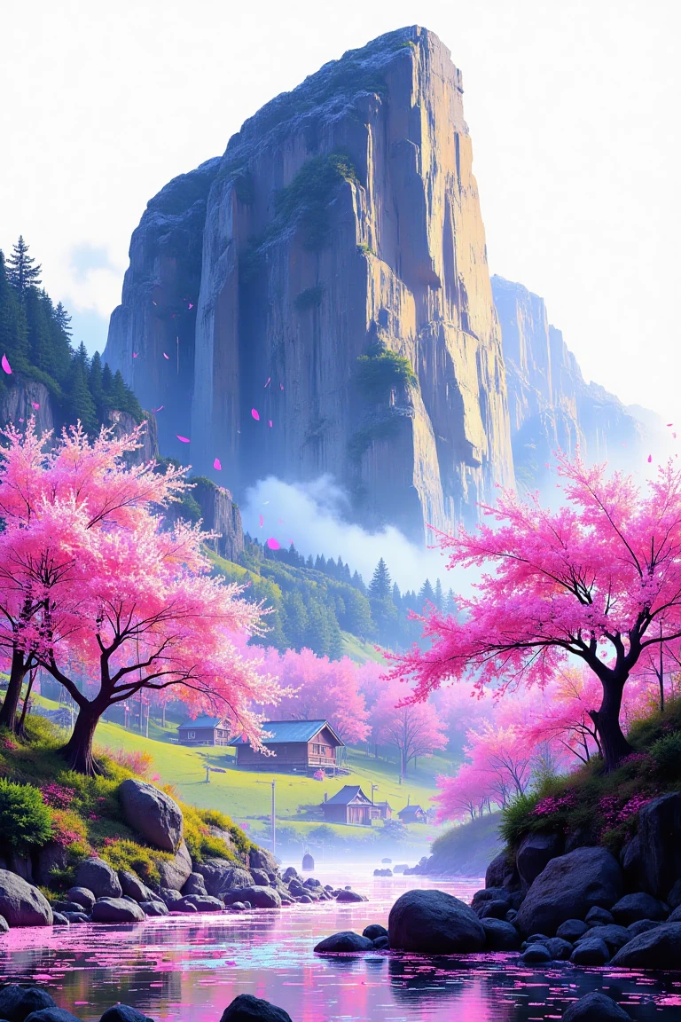 A majestic granite boulder crowns the crest of a rolling hill, overlooking a quaint village below. Soft cherry blossom petals drift lazily from the trees, like pink snowflakes, as the gentle morning light casts a warm glow. In Ultra High Definition, every detail is rendered with precision and clarity. The scene is painted in Watercolor hues, with delicate brushstrokes evoking the subtle play of light on stone. A serene stream meanders through the valley, its gentle song punctuating the stillness. The entire landscape is executed in exquisite Chinese ink drawing style, with bold lines defining the contours of the hillside and village below.,cbr-styl