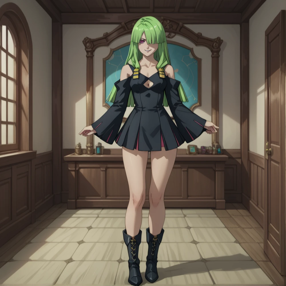 score_9, score_8_up,  source anime, style anime, ((hyper realistic)), (full body view), masterpiece, ultra detailed, cel shading, (indoors:1.3), 1 girl, (solo:1.2), doll wog, doll long hair, light green hair, blunt bangs, sidelocks, hair over one eye, hair ornament, pink eyes, pale skin, doll dress, black dress,short dress, detaached sleeves, clothing cutout, underboob cutout, black boots, full body shot, looking at viewer, (standing, alluring, mysterious, sexy, seductive pose, pinup:1.3),  (confident, playful smirk:1.3),  (perfect hands:1.2),  <lora:StS_detail_slider_release_two_v3:2>   <lora:princess_xl_v2:0.5>  <lora:Doll:1>