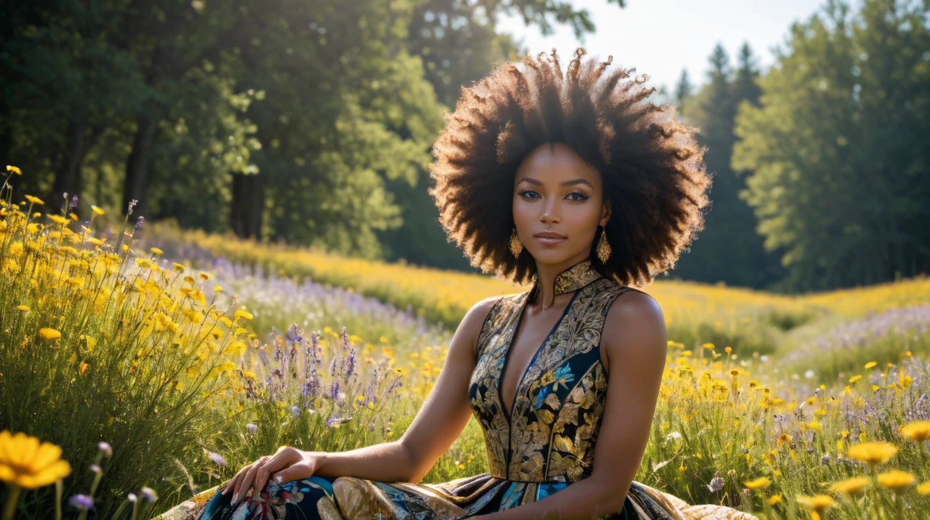 High Fashion, a field of wildflowers. Trees and a beautiful Afro-Canadian woman with a subtle smile sitting down in the sharp background, deep depth of field, clearly defined facial features, (backlight:1.4), dynamic, dramatic, haute couture, elegant, ornate clothing, High Fashion