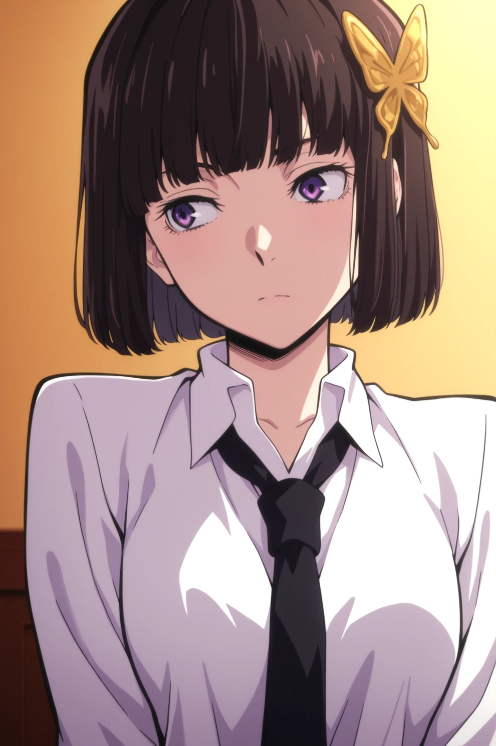 <lora:bsdillust:1.2>, 1girl, yosano akiko, bob cut, purple eyes, butterfly hair ornament, white shirt, black necktie, black hair, gold hair ornament, masterpiece, best quality