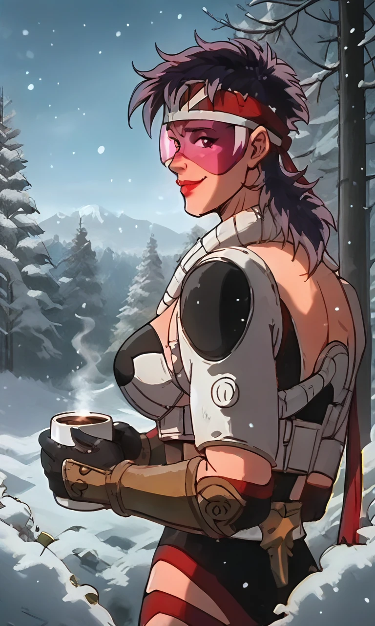 sl1c3d1c3, 1girl, profile, from behind, looking back, holding mug of steaming hot chocolate, snowy front yard, looking at viewer, smile, blush, shy, Christmas, snow, outdoors, winter, headband, tinted visor, shoulder pads, black leotard, black gloves, gold bracers, armor bustier, red thighhighs, red lips, <lora:Sliced_Ice_-_Skysurfer_Strike_Force_v1:0.8>, <lora:snowXLP:0.5>, <lora:ChristmasWinteryPony:0.5>, score_9, score_8_up, score_7_up, score_6_up, score_5_up, score_4_up,