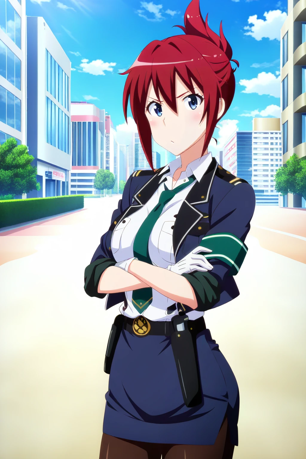 anime screenshot, rail wars!, sakurai aoi, 1girl, solo, red hair, folded ponytail, blue eyes, medium breasts, police uniform, blue jacket, open jacket, white shirt, collared shirt, sleeves rolled up, green necktie, armband, green armband, blue skirt, pencil skirt, black belt, white gloves, holster, black pantyhose, looking at viewer, crossed arms, cowboy shot, outdoors, city, road, blue sky, day, masterpiece, best quality, high quality, highres, absurdres, <lora:sakurai_aoi_ILXL:0.9>