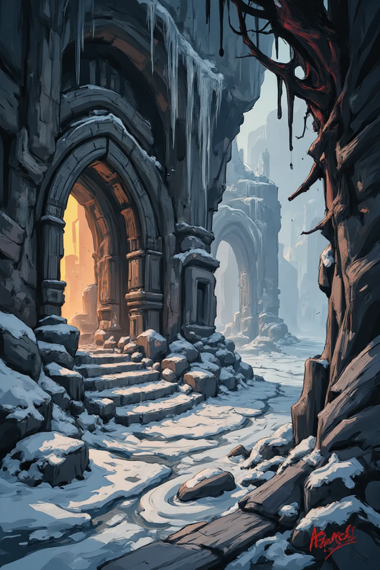 An oil painting of a treacherous frozen dungeon for a fantasy game, with icy walls glowing faintly in the torchlight. The floor is covered in frost patterns, and sharp icicles hang ominously from the ceiling. The thick brushstrokes give a tactile quality to the textures, adding a sense of danger and immersion.,kimono