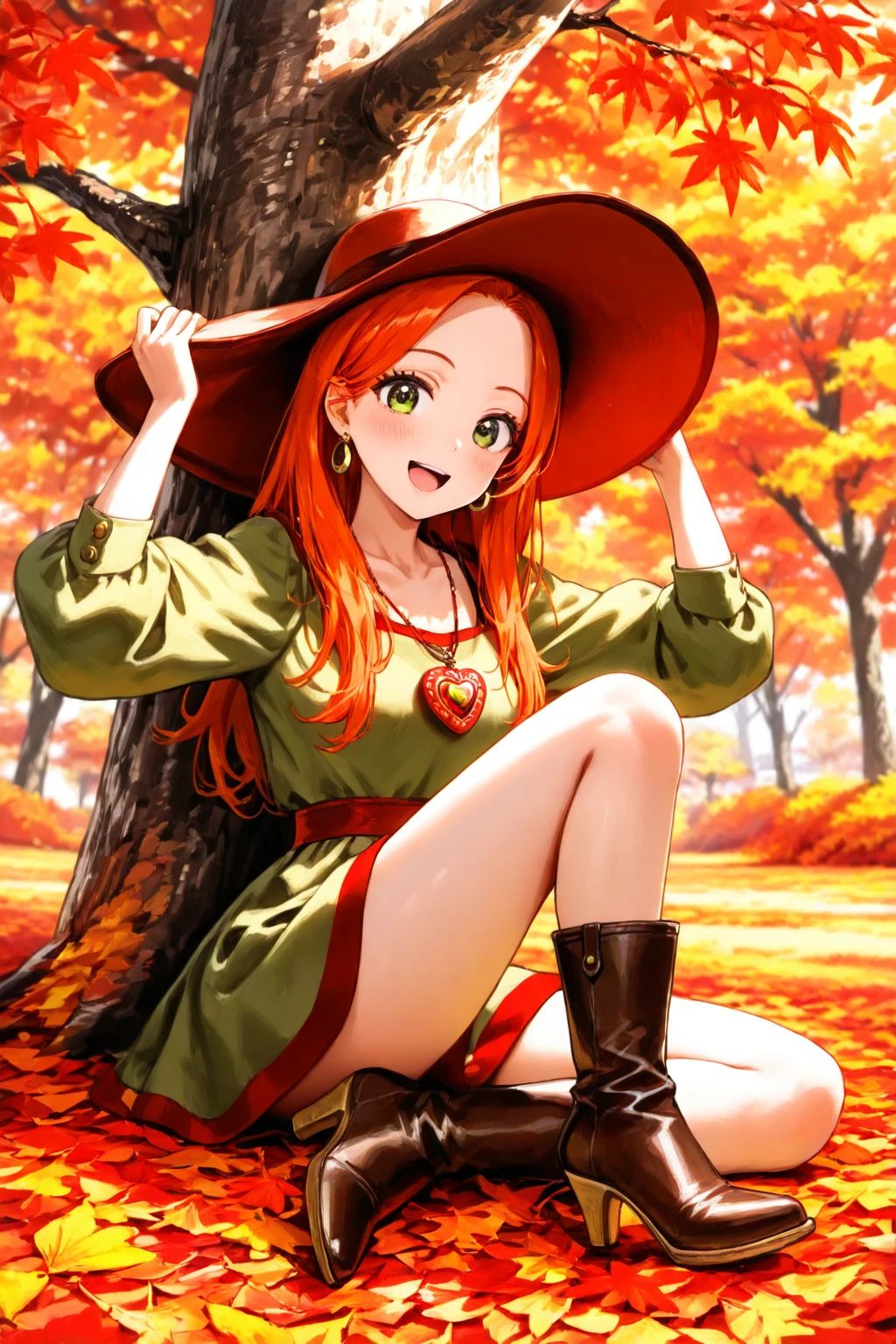 (Masterpiece, Best Quality), amazing quality, 8k resolution, very aesthetic, absurdres, depth of field, highres, 8k, highly detailed, 2d, (faux traditional media), manga, illustration, :d, sitting, solo, green eyes, 1girl, heart, high heel boots, scenery, autumn, autumn leaves, locket, hat, necklace, earrings, boots, tree, red hair, looking at viewer, hands on headwear, one knee up, green dress, long hair, jewelry, nature, red trim, full body, orange hair