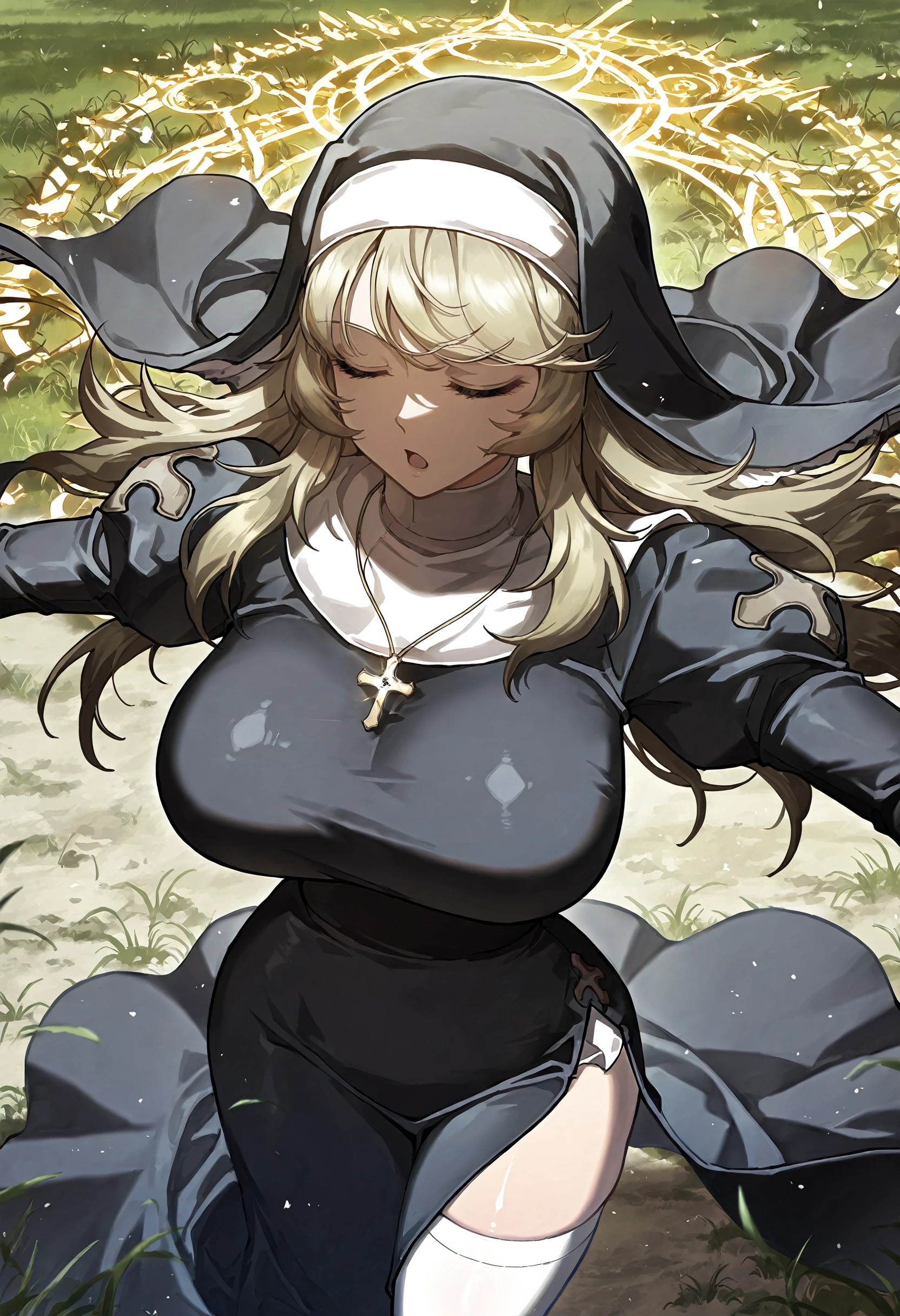 masterpiece, best quality, amazing quality, very aesthetic, absurdres, newest, scenery, 1girl, solo, huge breasts, open mouth, <lora:Anise Slywood illustxl:1> blonde hair, long hair, closed eyes, swept bangs, traditional nun, habit, cross necklace, white turtleneck, black dress, juliet sleeves, long sleeves, side slit, white thighhighs, standing, from above, spread arms, shining, light, magic circle, upper body, grasslands, outside, looking away, shiny skin, masterpiece, best quality, amazing quality, very aesthetic, absurdres, newest, scenery