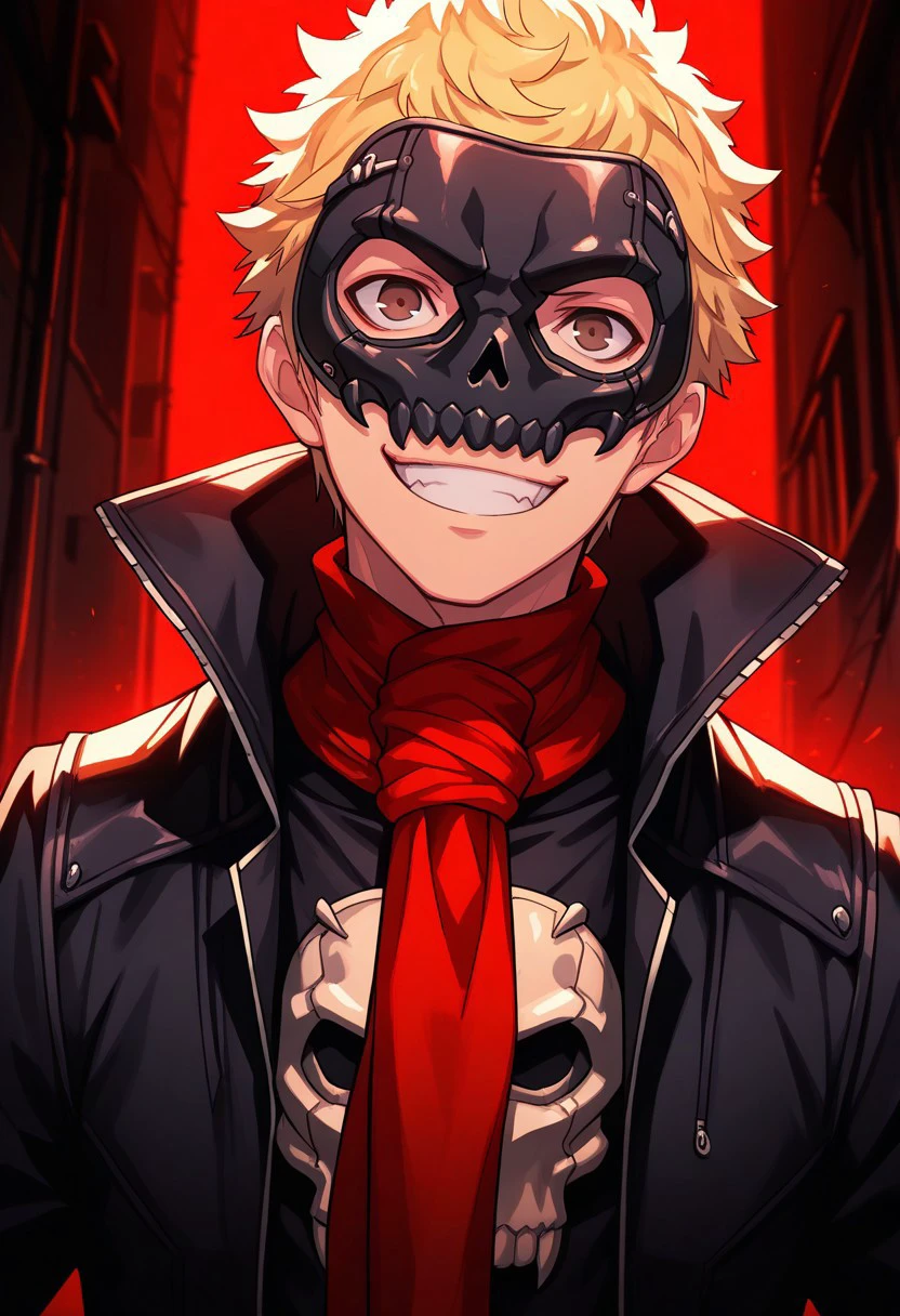 masterpiece, best quality, 
ryuji, 1boy, male focus solo, brown eyes, blonde hair, short hair, skull outfit, mask, skull mask, jacket, black jacket, high collar, leather jacket, leather, scarf, red scarf, grin, upper body, indoor, darkness, dark, lights, red lights,