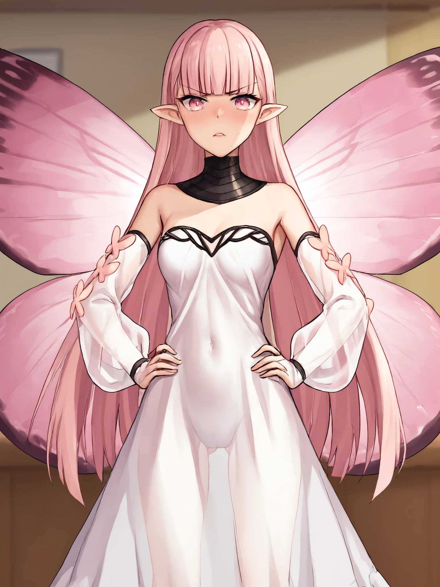 score_9, score_8_up, score_7_up, BREAK,
1girl, solo, BREAK,
coralfategrandorder, fairy, pink eyes, pointy ears, long hair, pink hair, blunt bangs, white dress, detached sleeves, bare shoulders, puffy sleeves, butterfly ornament, see-through sleeves, medium breasts, butterfly wings, fairy wings, insect wings, pink wings,  <lora:Coral:0.7>, BREAK,
small breasts, tsundere, looking at viewer, BREAK,
hands on own hips, cowboy shot, facing viewer, straight-on, BREAK,
indoors, office