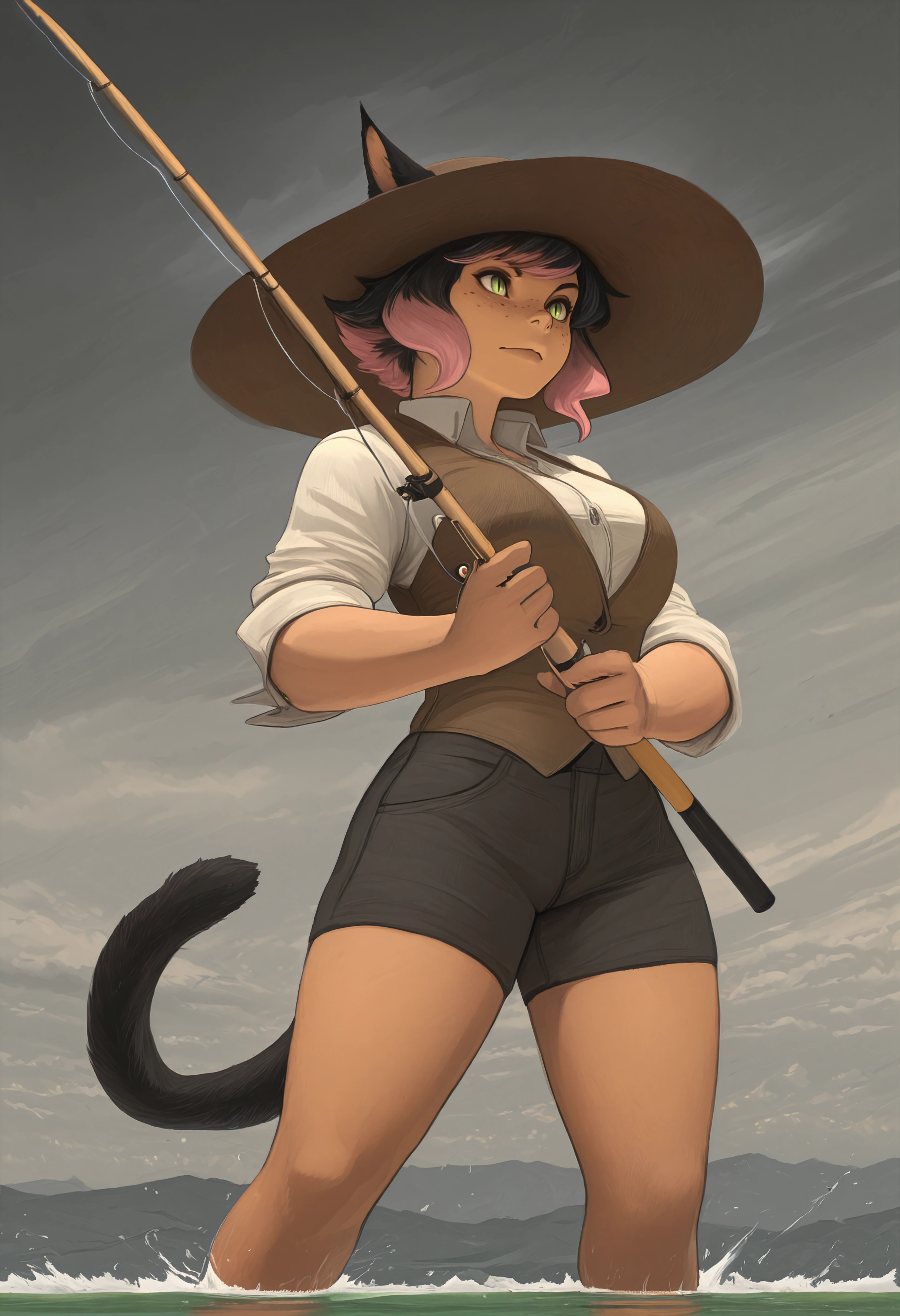 masterpiece, best quality, solo, 1girl, <lora:clamchan_illu:1> animal ears, black hair, pink hair, multicolored hair, green eyes, slit pupils, freckles, cat tail, wide brimmed hat, work shirt, vest, waders, fishing, holding fishing rod, stormy sky