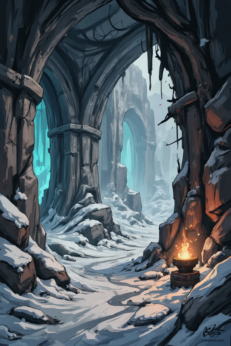 An oil painting of a treacherous frozen dungeon for a fantasy game, with icy walls glowing faintly in the torchlight. The floor is covered in frost patterns, and sharp icicles hang ominously from the ceiling. The thick brushstrokes give a tactile quality to the textures, adding a sense of danger and immersion.,kimono