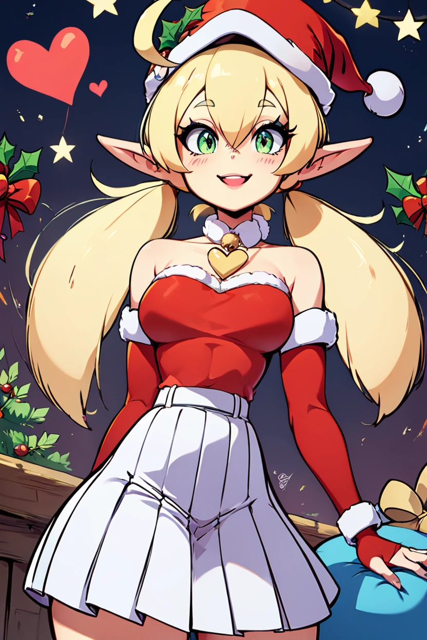 score_9, score_8_up, score_8, medium breasts, (curvy), cute, eyelashes,       ,,, , zzChristmasKlee, green eyes, blonde hair, ahoge, twintails, low twintails, pointy ears, hair between eyes, bare shoulders, santa hat, detached sleeves, christmas, white skirt, pleated skirt, heart,  <lora:KleeAdultChristmasPDXL:0.8>,,,, BREAK, smile, looking at viewer, cowboy shot, ,,, embedding:zPDXL, <lora:DiivesP1:0.7>,