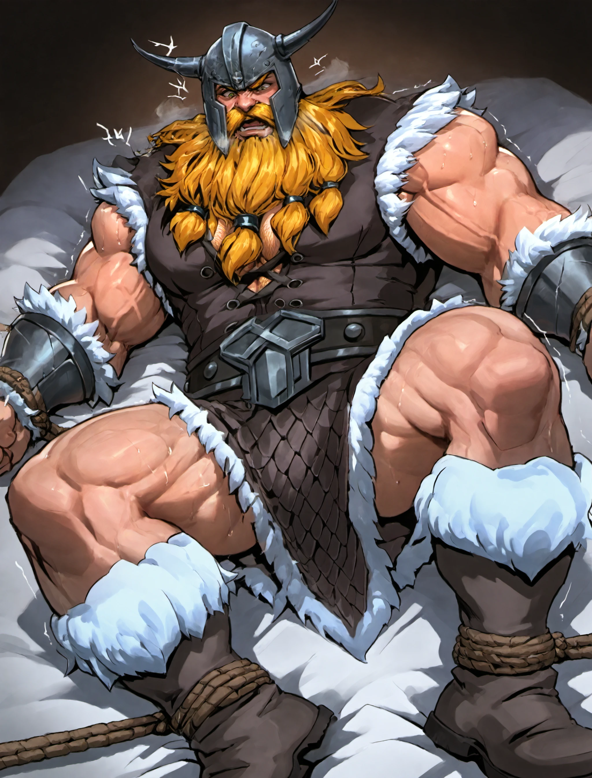 1boy,solo_focus,LeagueOlaf,defined face,Lying on a bed,deep yellow hair,beard,mustache,facial hair,bara,manly,masculine,muacular,masculine male,large_pectorals,scar on body,fur_trim,armor,helmet,belt,boots,thick body hair,glaring,raged,angry face,angry symbol,sweating,restrained on bed,fully restrained,heavliy bondage,Extended legs,extended arms,boot focus,bound_ankles,thick body hair,shaking,Bulging veins,shaking line
