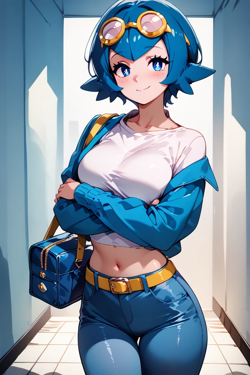 score_9, score_8_up, score_8, medium breasts, (curvy), cute, eyelashes,     ,,, , zzCLana, blue eyes, blue hair, short hair,  white shirt, open clothes, midriff, denim pants, blue jacket, goggles, <lora:CollegeLanaPDXL:1.0>, ,,,, BREAK, closed mouth, alternate costume, smile, looking at viewer, collared shirt, blush, sweater, black skirt, eyelashes, long sleeves, sleeves past wrists, plaid skirt, shoulder bag, black bag, blurry, tile floor, pleated skirt, white shirt, cowboy shot, ,,, embedding:zPDXL, Expressiveh, ,,, <lora:Vivid:0.7>, <lora:Uncensored_PonyXL_cpt_v02.09:0.4>, <lora:Expressive_H-000001:0.4>,