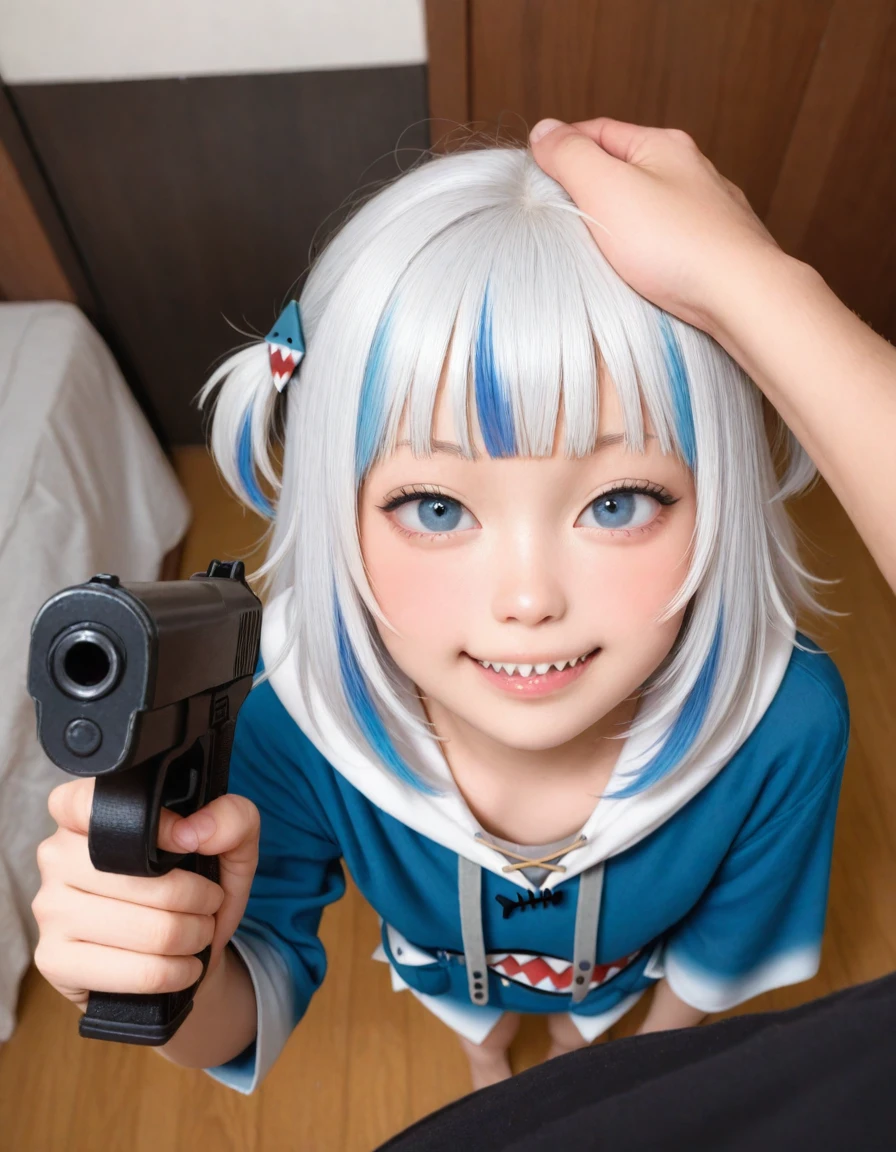 best quality, amazing quality, 1girl, gawr gura, blunt bangs, grey hair, short hair, blush, from above, smile, looking at viewer, indoors, close-up, sharp teeth, headpat, smug, masterpiece, blue hair, holding weapon, handgun, aiming,, realistic,