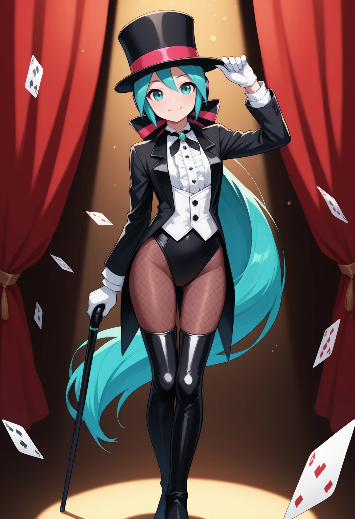 masterpiece, best quality, <break> solo, 1girl, magicianmiku, smile, looking at viewer, standing, holding cane, hat tip, aqua hair, low ponytail, hair ribbon, black headwear, top hat, headphones, aqua eyes, tailcoat, coattails, white vest, buttons, white shirt, center frills, neck ribbon, black ribbon, brooch, black leotard, white gloves, brown pantyhose, fishnet pantyhose, thigh boots, thighhighs over pantyhose, curtains, spotlight, flying paper, playing card
<segment:yolo-Anzhc Face seg 640 v2 y8n.pt,0.4,0.5//cid=1>