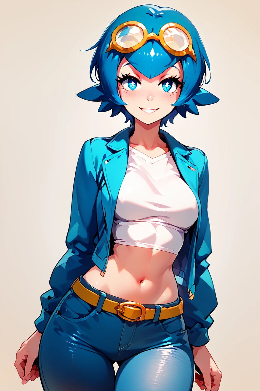 score_9, score_8_up, score_8, medium breasts, (curvy), cute, eyelashes,     ,,, , zzCLana, blue eyes, blue hair, short hair,  white shirt, open clothes, midriff, denim pants, blue jacket, goggles, <lora:CollegeLanaPDXL:1.0>, ,,,, BREAK, smile, looking at viewer, ,,, abstract background, white outline, cowboy shot, ,,, embedding:zPDXL, Expressiveh, ,,, <lora:theOtherHalfPDXL:0.8>, <lora:CatalystStylePDXL:0.6>, <lora:SDXLFaeTastic2400:0.5>, <lora:Expressive_H-000001:0.4>,