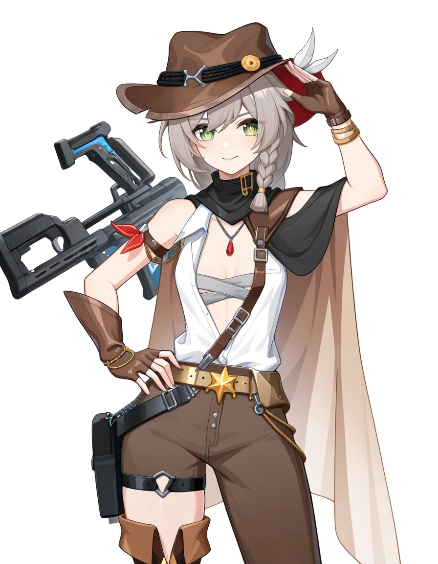 xinxia05, 1girl, solo, weapon, green eyes, braid, gloves, fingerless gloves, hat, brown headwear, brown gloves, gun, pants, white background, long hair, twin braids, smile, breasts, looking at viewer, grey hair, shirt, simple background, belt, boots, jewelry, cape, cowboy hat, hand on own hip,
<lora:xinxia_noob2>,masterpiece,best quality,very aesthetic,absurdres,