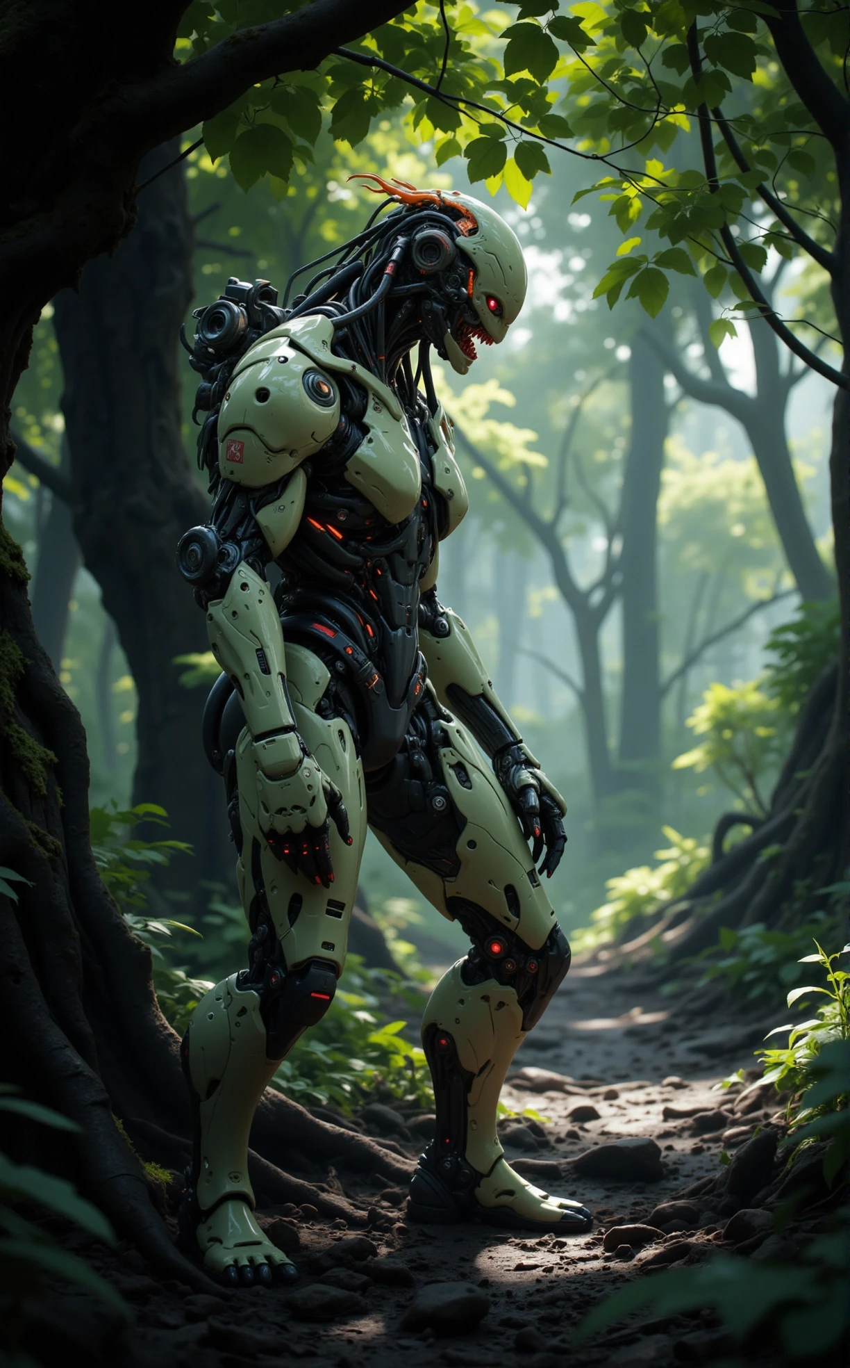 cyborg, exosuit, mech, futuristic, A close-up portrait taken under the shade of a large tree during midday, with dappled light filtering through the leaves. The light creates intricate patterns of shadow on the subject’s face, adding texture and interest. The perspective is at eye level, with a shallow depth of field that blurs the leafy background into a soft green wash., a zombie-like creature standing in a dark forest. The creature has a pale green body with sharp teeth and claws, and its head is covered in orange flames. Its eyes are glowing red and its mouth is open, as if it is about to speak. The background is filled with tall trees and bushes, and the ground is covered with fallen leaves and twigs. The overall mood of the image is eerie and spooky., Crossing a Lava Field: The molten ground crackles beneath your feet, sections of the lava field hardened into black glass by cooling nanotechnology. Hovering platforms glide across the surface, carrying cargo and personnel to outposts built into jagged obsidian spires. The air shimmers with heat, and the horizon glows with a dull, red light., cinematic film still luxury product style surrealism art by Andrew Macara, painting, sci-fi art by Mamoru Oshii, animation, vibrant, cyberpunk, philosophical, dystopian, immersive, contemporary realism, landscapes, light and shadow, impressionistic . elegant, sophisticated, high-end, luxurious, professional, highly detailed . shallow depth of field, vignette, highly detailed, high budget, bokeh, cinemascope, moody, epic, gorgeous, film grain, grainy