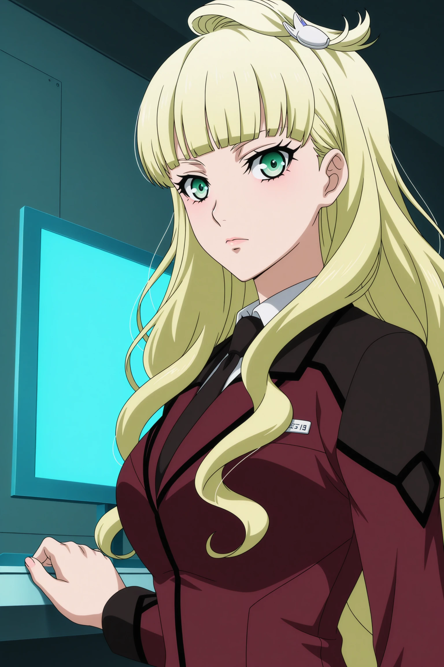 masterpiece, best quality, amazing quality, highres, absurdres, very aesthetic, high resolution, ultra detailed, perfect details, 1girl, looking at viewer, indoors, monitor, cyberpunk, medium breasts, emilia edelman, blonde hair, very long hair, wavy hair, low twintails, sidelocks, blunt bangs, topknot, hair ornaments, blue eyes, suit, military uniform, white shirt, collared shirt, purple jacket, name tag, black necktie, purple skirt, pencil skirt, white thighhighs, black footwear, knee boots, <lora:Emilia_Edelman_ILXL:0.8>, (aged up:1.3), (upper body:1.6), (anime coloring:1.5), (anime screencap:1.5), expressionless, (pose:1.3), from side