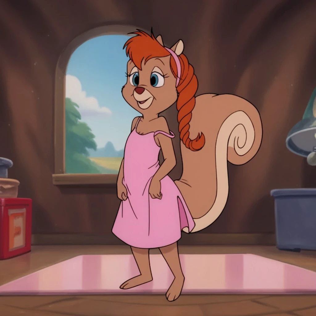 score_9, score_8_up, score_7_up, score_6_up, score_5_up, score_4_up, source_furry,  tammysqrrlv2, semi-anthro, female, squirrel, brown fur, red hair, blue eyes, solo,  pink headband,  meadow, sundress, strap slip ,