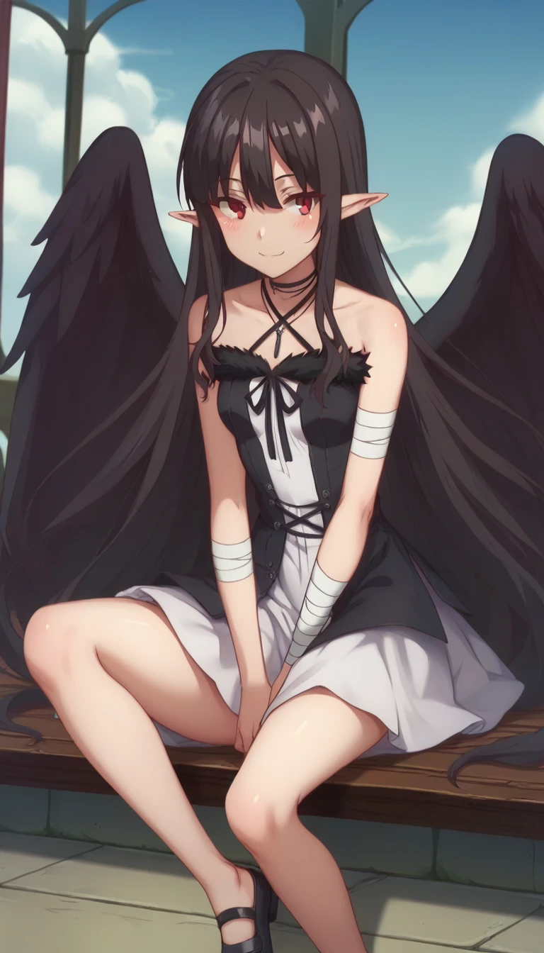 score_9,score_8_up,score_7_up,score_6_up BREAK official art,solo,outdoors,upper body,(portrait:1.5),looking at viewer,facing viewer,smile,blush,Eve,very long hair,black hair,shiny hair,hair intakes,pointy ears,sidelocks,hair between eyes,parted bangs,red e...