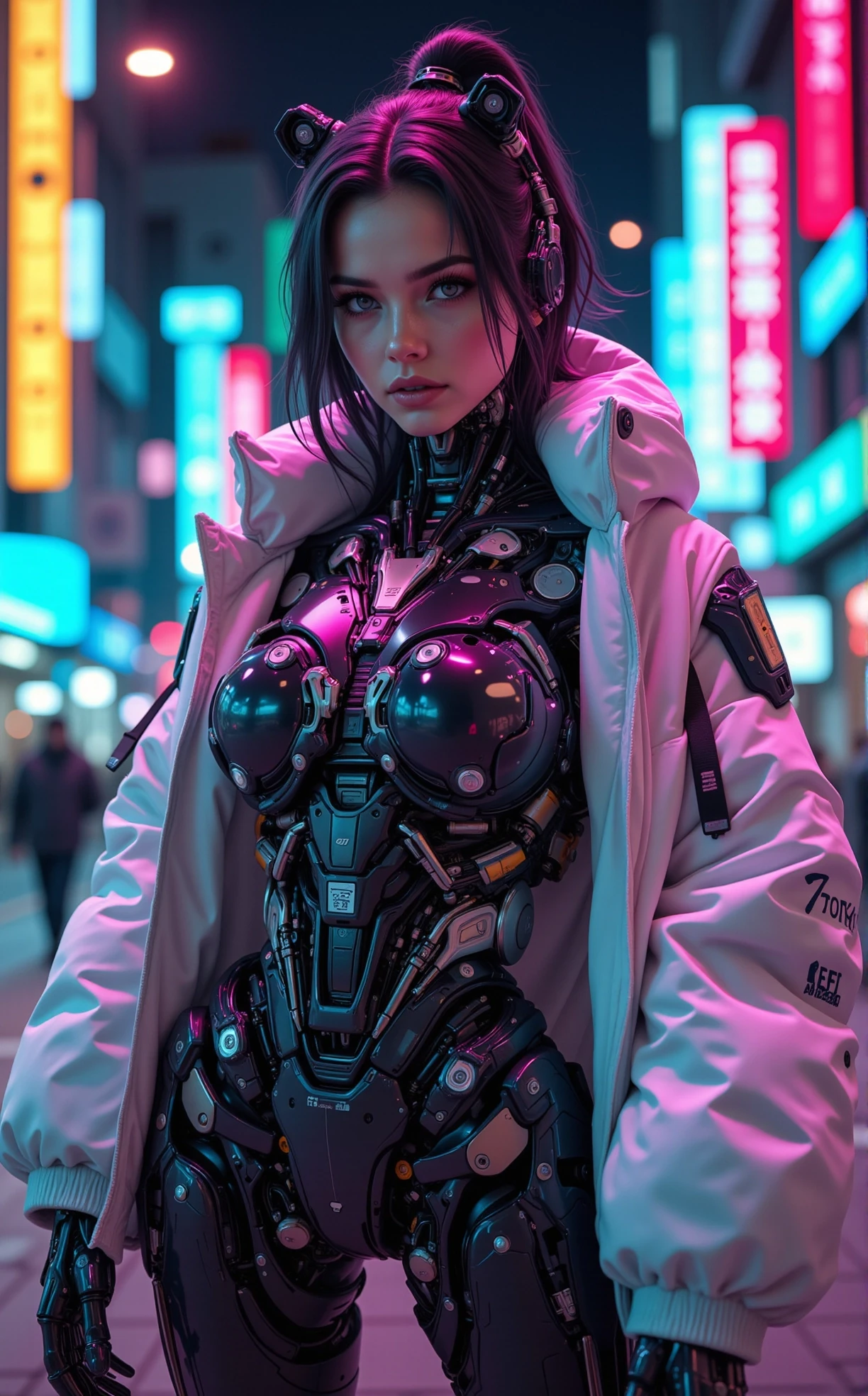 cyborg, exosuit, mech, futuristic, Off-center composition, dramatic shadow emphasis, Johanna de Armas as a young woman wearing an neon genesis evangelion style plugsuit, advanced futuristic exoskeleton, futuristic baroque and rococo cyberpunk, white puffer jacket, opulent gothic cyber church, neon lights, cinematic film still retro cyberpunk art by Keos Masons, -artistmedium-, art by Richard Gerstl, painting, vibrant, expressionism, emotive, psychological, intense, Street art, graffiti, vibrant colors, urban themes . 80's inspired, synthwave, neon, vibrant, detailed, retro futurism . shallow depth of field, vignette, highly detailed, high budget, bokeh, cinemascope, moody, epic, gorgeous, film grain, grainy