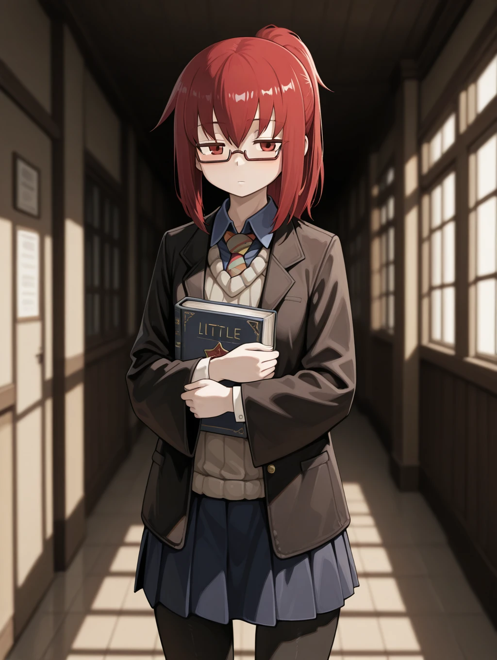 1girl, solo, Promestein, (***********), red hair, ponytail, red eyes, looking at viewer, expressionless, collared shirt, sweater, blue skirt, black pantyhose, school uniform, black jacket, wide sleeves, necktie, glasses, semi-rimless eyewear, under-rim eyewear, hugging book, holding book

masterpiece, best quality,amazing quality, very aesthetic, absurdres, depth of field, blurry background, dark, extremely detailed face, detailed eyes, dark colors