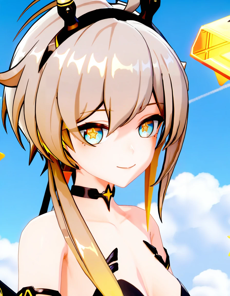 xinxia11, xinxia11-1, 3d, solo, 1girl, smile, sky, looking at viewer, star \(symbol\), yellow eyes, portrait, blue eyes, symbol-shaped pupils, choker, cloud, closed mouth, star-shaped pupils, blue sky,
<lora:xinxia_noob2>,masterpiece,best quality,very aesthetic,absurdres,