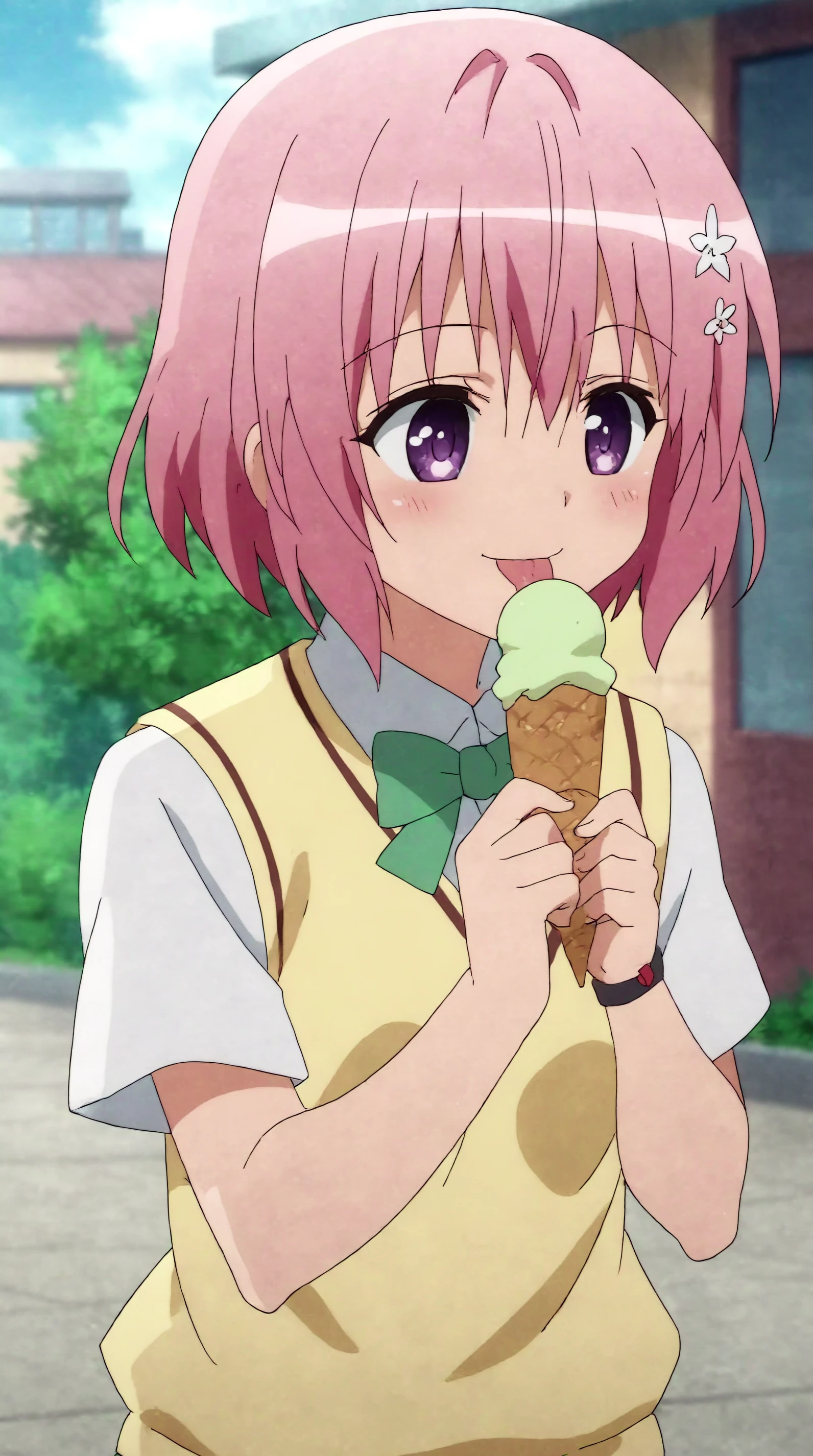 score_9, score_8_up, score_7_up,anime_source, source_anime, best background, detailed background, anime screencap  Momo Deviluke, Student Uniform, solo, outdoors, happy, blush, licking, ice cream,   <lora:JN_Momo_Deviluke_Pony:0.8>