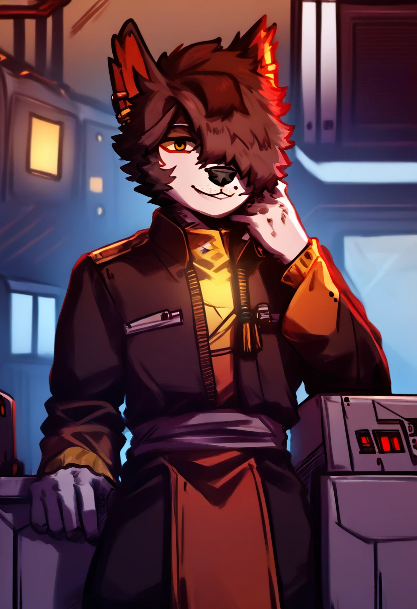 aak, h341ing_h4nd, evi1_h34rt, by dwc_marshal_arts, furry, 1boy, solo, looking at viewer, yellow sclera, hair over one eye, smile, science facility, <lora:Aak:1>, <lora:DWC_Marshal_Arts_style:1>