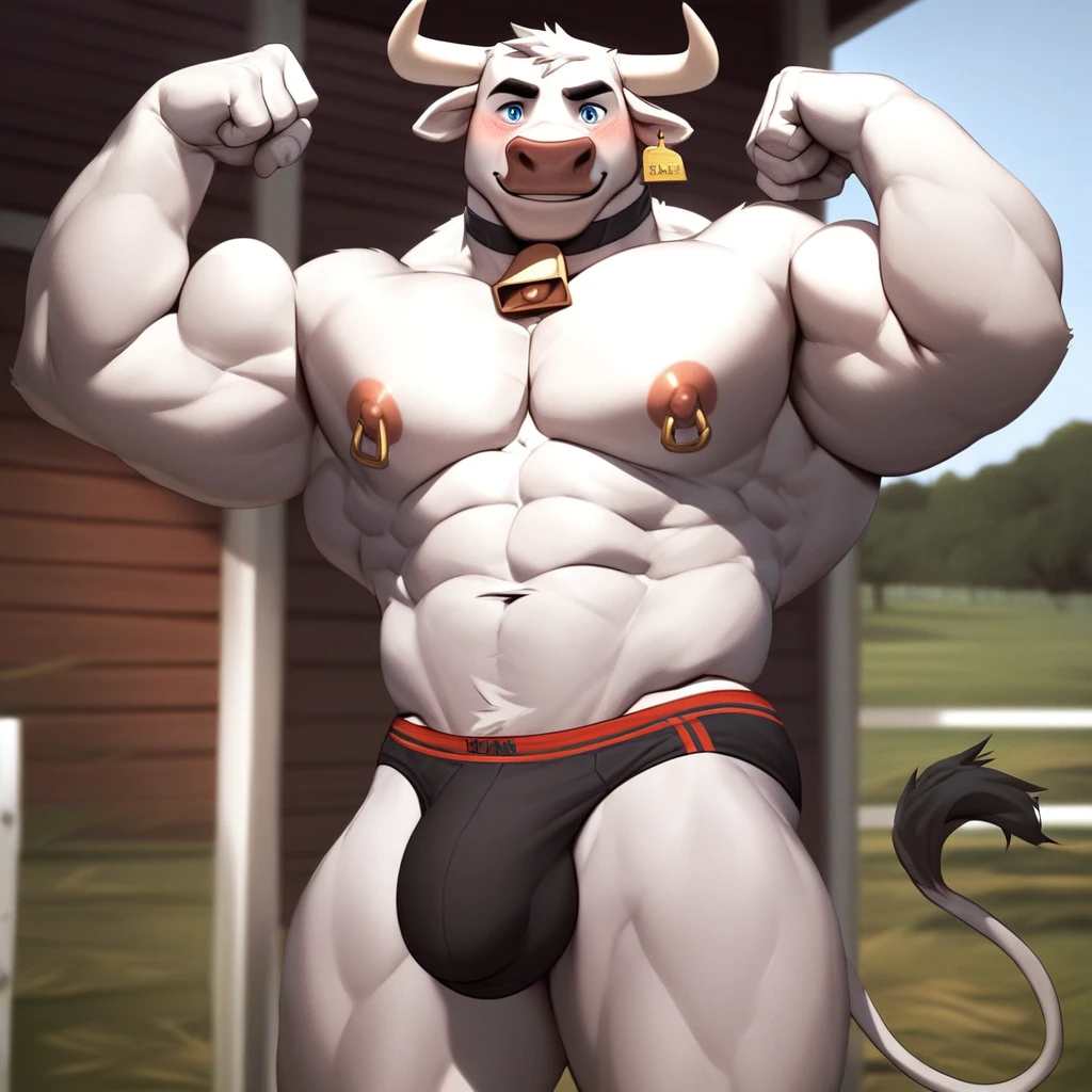 score_9, score_8_up, score_7_up, 2k, 4k, high res, 2d (artwork) cartoon style, Doggonut, no humans, 1boy, solo, furry, bovine, anthro, cow anthro, black and white body, bara, older, mature, male, thick thighs, blue eyes, wide hips, voluptuous, blushing, smiling, sexy, standing, speedo, cowbell choker, large bulge, muscular male, abs, large pectorals, big nipples, nipple piercings, farm background, outside, flexing, score_9, score_8_up, score_7_up, score_6_up, score_5_up, score_4_up, top pov