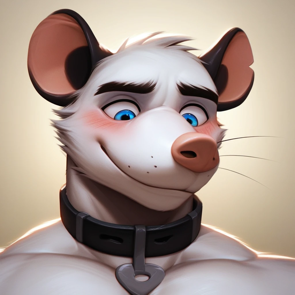 score_9, score_8_up, score_7_up, score_4, score_5, score_6, 2k, 4k, high res, 2d (artwork), cartoon style, no humans, Doggonut, 1boy, solo, head focus, male focus, headshot, large pectorals, collar, shy smile, blushing, looking down, blue eyes, american_opossum, muscular male, bedroom