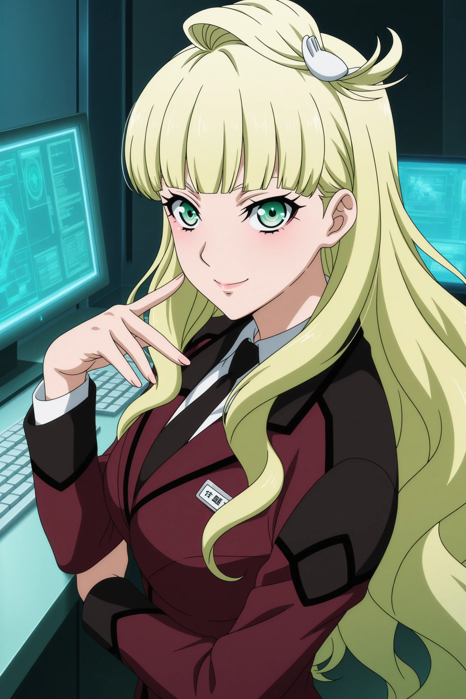 masterpiece, best quality, amazing quality, highres, absurdres, very aesthetic, high resolution, ultra detailed, perfect details, 1girl, looking at viewer, indoors, monitor, cyberpunk, medium breasts, emilia edelman, blonde hair, very long hair, wavy hair, low twintails, sidelocks, blunt bangs, topknot, hair ornaments, blue eyes, suit, military uniform, white shirt, collared shirt, purple jacket, name tag, black necktie, purple skirt, pencil skirt, white thighhighs, black footwear, knee boots, <lora:Emilia_Edelman_ILXL:0.8>, (aged up:1.3), (upper body:1.6), (anime coloring:1.5), (anime screencap:1.5), smile, (pose:1.5), computer keyboard, from side, from above