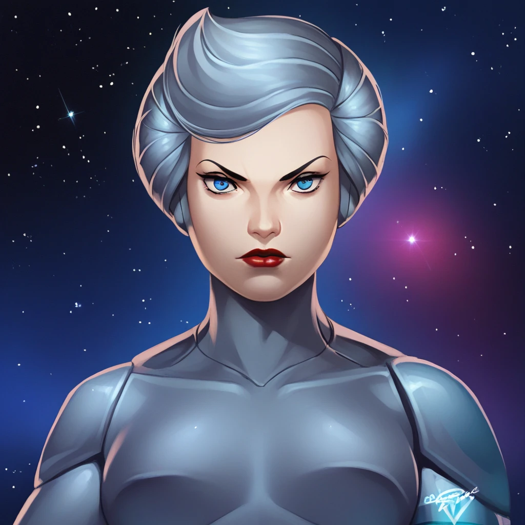 score_9_up, score_8_up, BREAK, SteelHeart, 1girl, solo, silver hair, short hair, blue eyes, lipstick, silver bodysuit, upper body,  <lora:SteelHeart_SilverHawks_PXL_Leaf2_r1:1>, space,