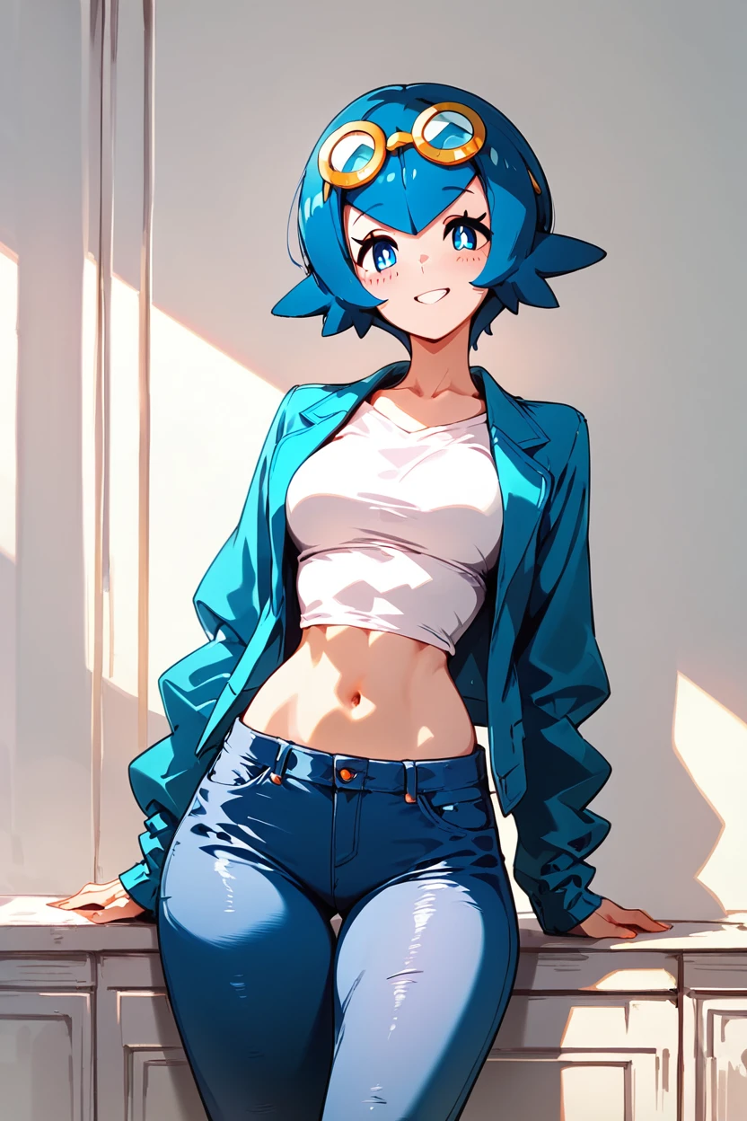 score_9, score_8_up, score_8, medium breasts, (curvy), cute, eyelashes,     ,,, , zzCLana, blue eyes, blue hair, short hair,  white shirt, open clothes, midriff, denim pants, blue jacket, goggles, <lora:CollegeLanaPDXL:1.0>, ,,,, BREAK, smile, looking at viewer, cowboy shot, ,,, embedding:zPDXL, <lora:DiivesP1:0.7>,