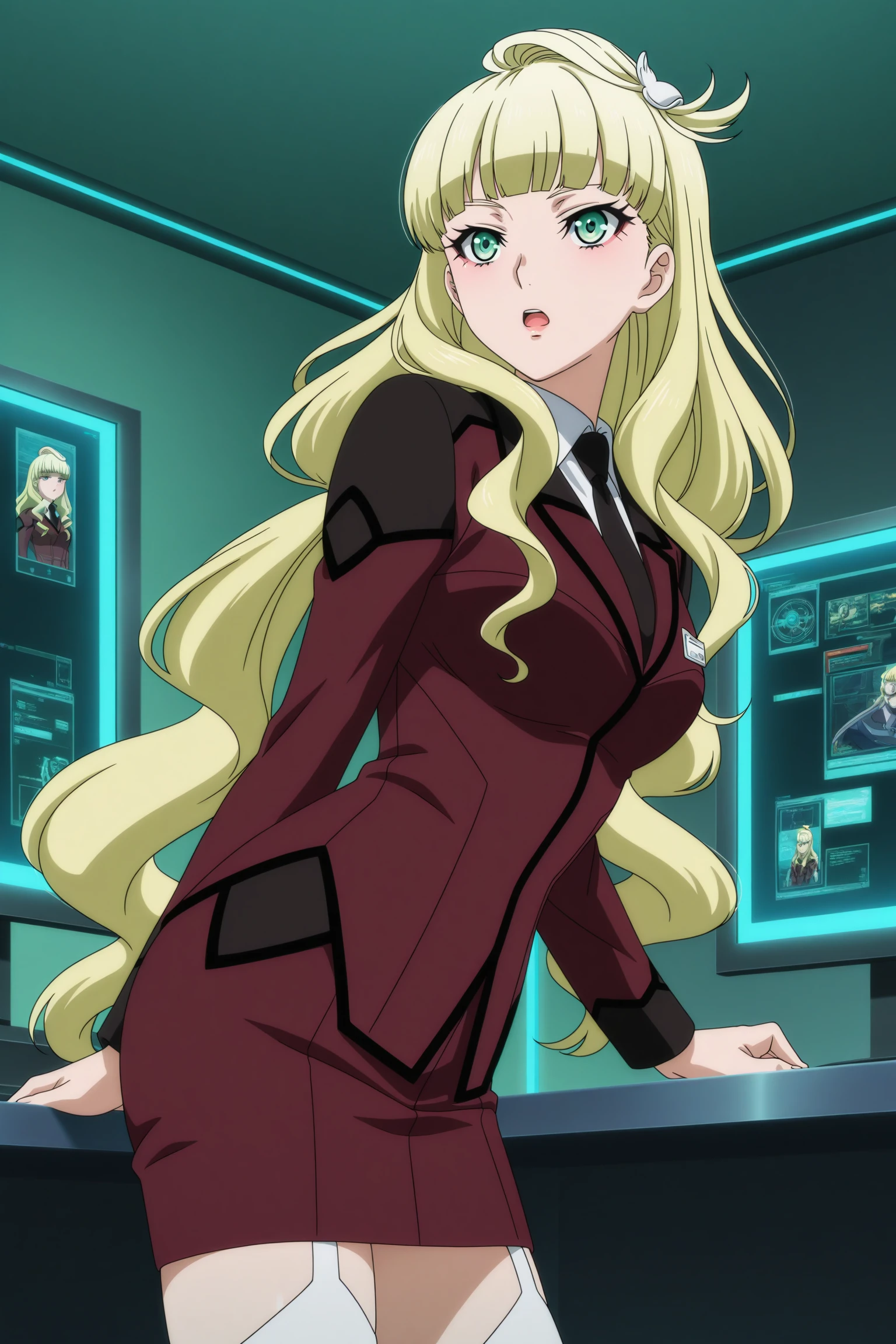 masterpiece, best quality, amazing quality, highres, absurdres, very aesthetic, high resolution, ultra detailed, perfect details, 1girl, indoors, monitor, cyberpunk, medium breasts, emilia edelman, blonde hair, very long hair, wavy hair, low twintails, sidelocks, blunt bangs, topknot, hair ornaments, blue eyes, suit, military uniform, white shirt, collared shirt, purple jacket, name tag, black necktie, purple skirt, pencil skirt, white thighhighs, black footwear, knee boots, <lora:Emilia_Edelman_ILXL:0.8>, (aged up:1.3), (cowboy shot:1.6), (anime coloring:1.5), (anime screencap:1.5), expressionless, open mouth, (pose:1.3), standing, from side, leaning on table