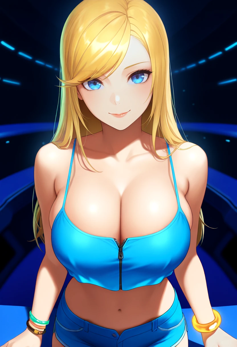masterpiece, best quality,   <lora:SSB4SamusIllust:1> SSB4ZSS,  blonde hair,blue eyes,  bracelet,  (big breasts:1.6), smile, partially unzipped, cleavage, long hair,  lipgloss,  dark, spaceship,  crop top, spaghetti strap, short shorts, midriff, crop top overhang, bare shoulders, swept bangs,